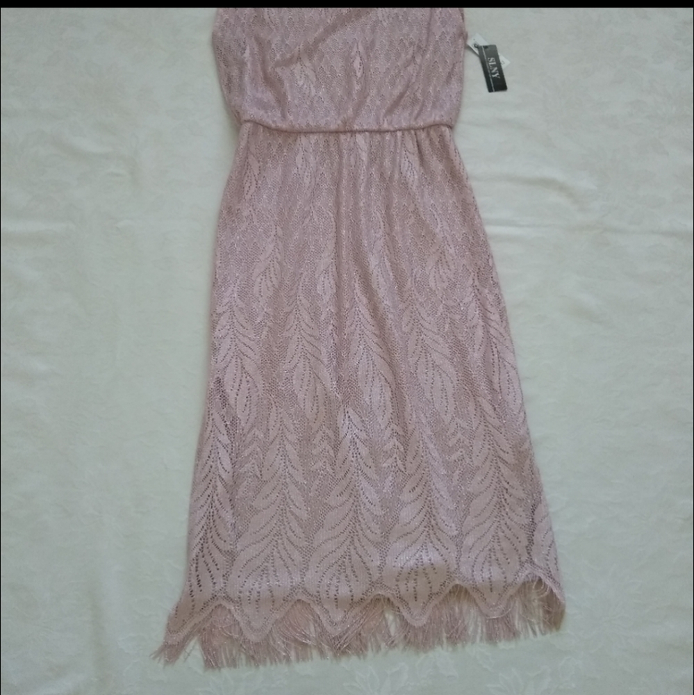 New🎀 Blouson fringe rose silver metallic lace floral sleeveless dress - Picture 10 of 10